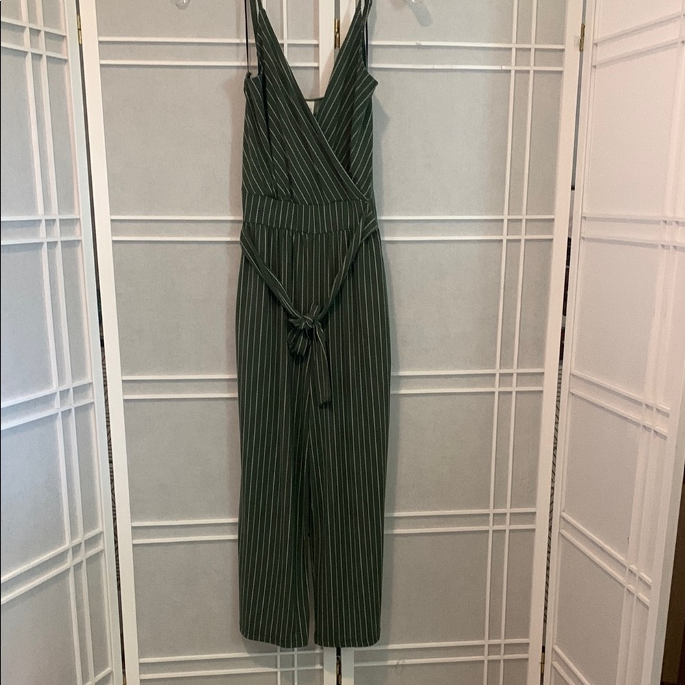 Green Pinstripe Jumpsuit with V-Neck and Wide-Leg Design